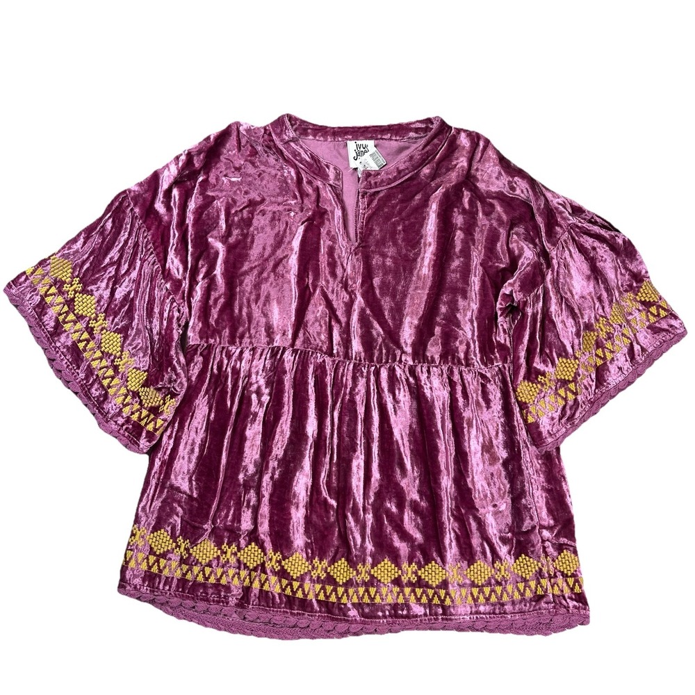 New Ivy Jane Babydoll Top Sz S Pink Crushed Velvet Embroidered Bell Sleeve NWT